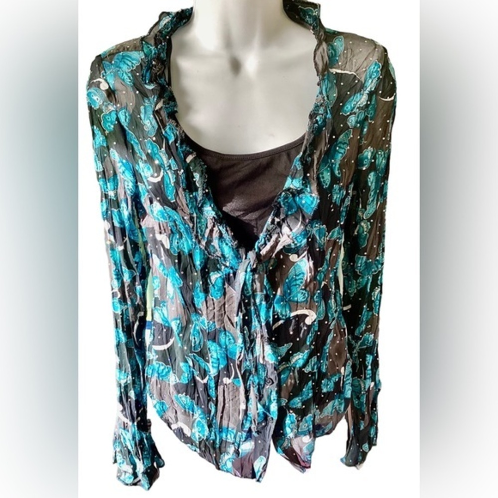 NWT! 2 Piece Rhinestones Crinkle Sheer Sparkles Turquoise Betterfly Top w/ Tank